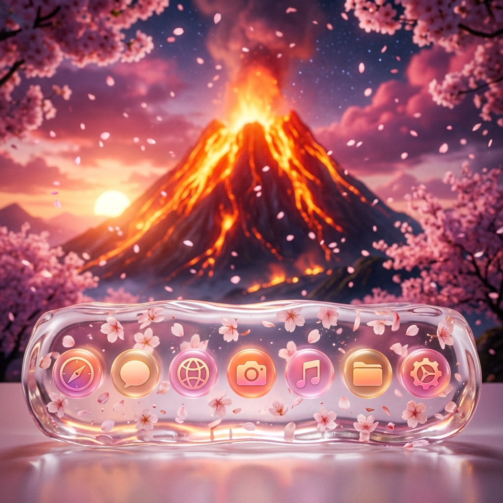 Power Prompts liquid glass dock mockup with sakura blossoms and volcano background