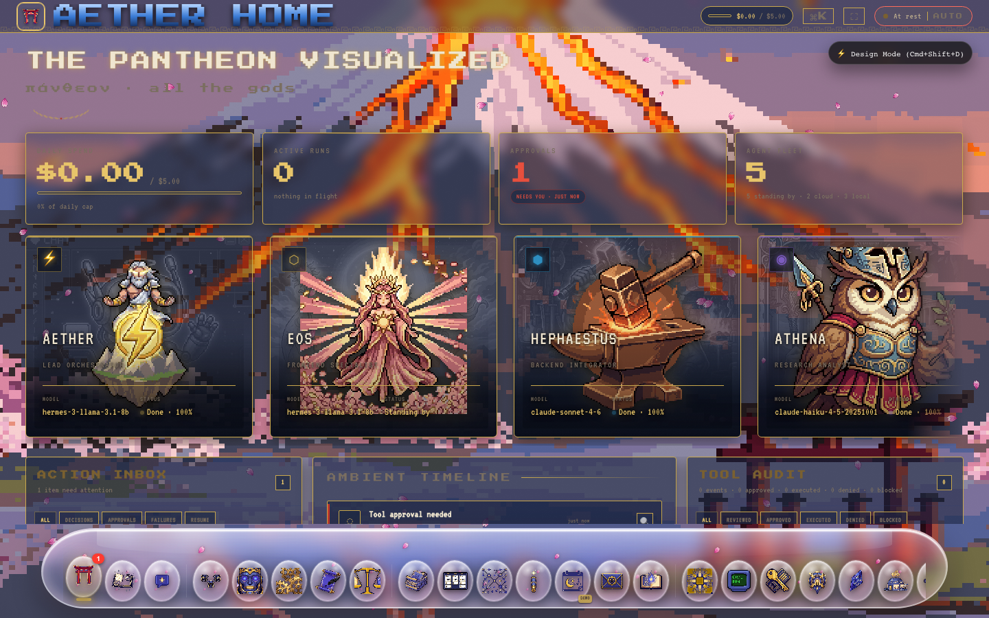 Saphire Agentic OS app screenshot showing dashboard, agent cards, dock, and pixel art background