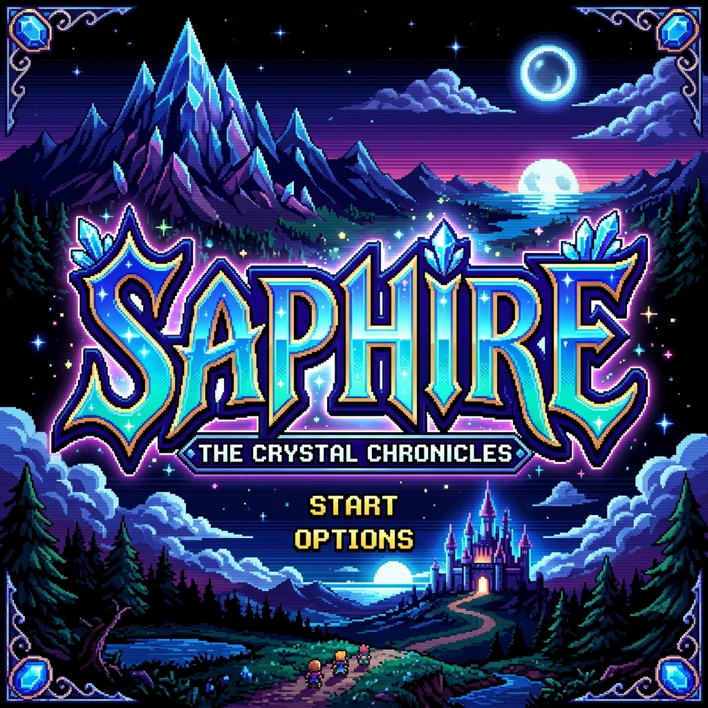 Saphire pixel-art logo and fantasy crystal landscape