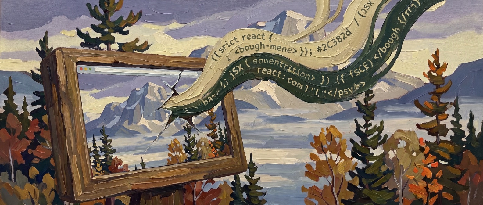 Group of Seven painting, close to a wooden computer screen looking out at the ridge, React pouring from a cut in the glass