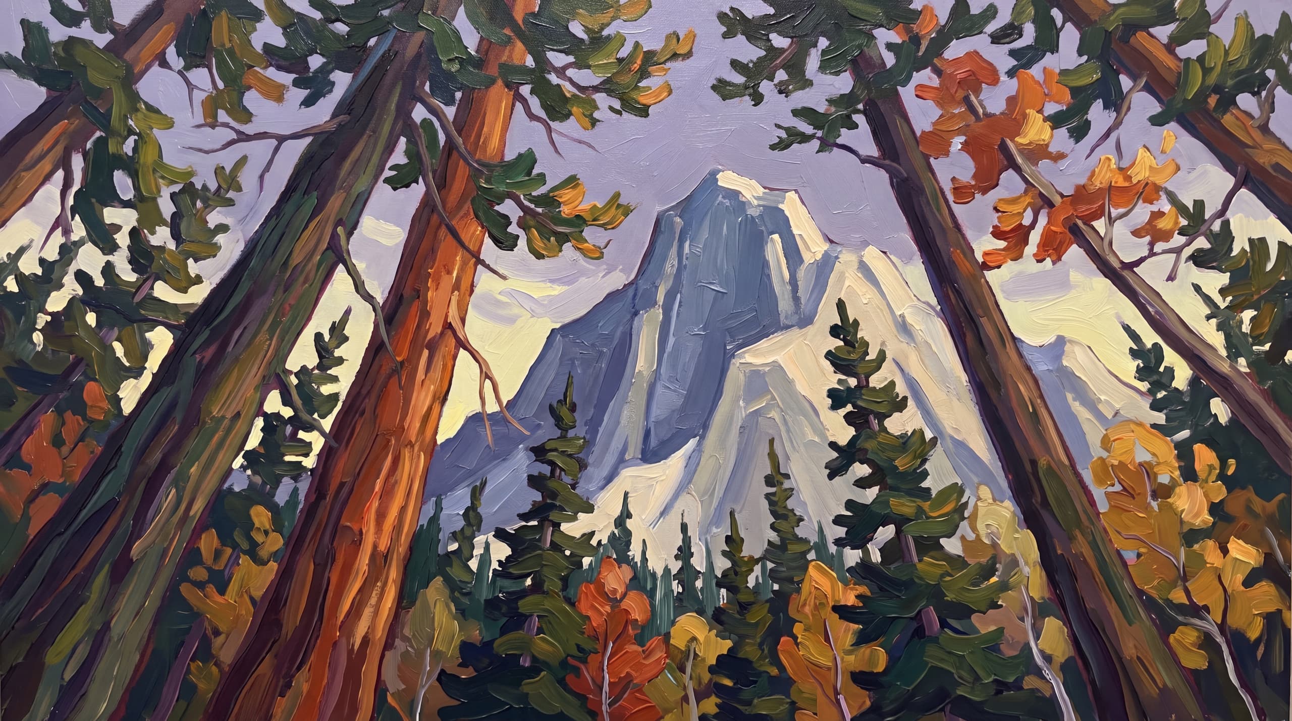 Looking up through towering painted pines to the peak